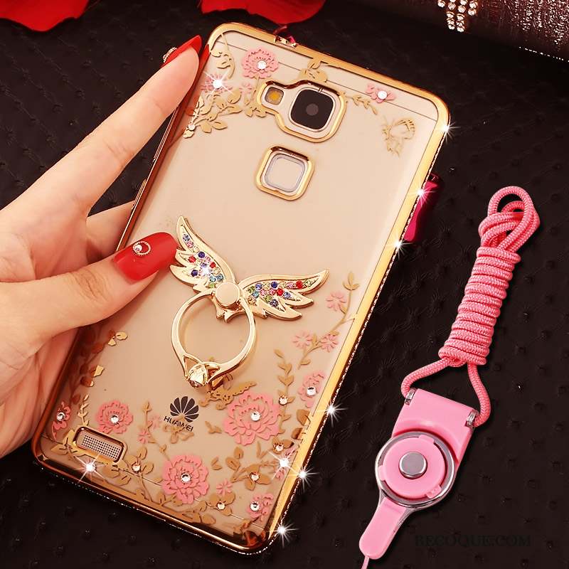 Huawei Ascend Mate 7 Coque Anneau Rose Strass Silicone Tout Compris Ornements Suspendus