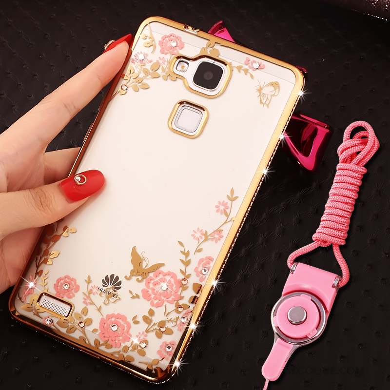 Huawei Ascend Mate 7 Coque Anneau Rose Strass Silicone Tout Compris Ornements Suspendus