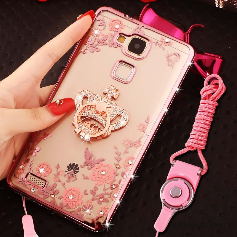 Huawei Ascend Mate 7 Coque Anneau Rose Strass Silicone Tout Compris Ornements Suspendus