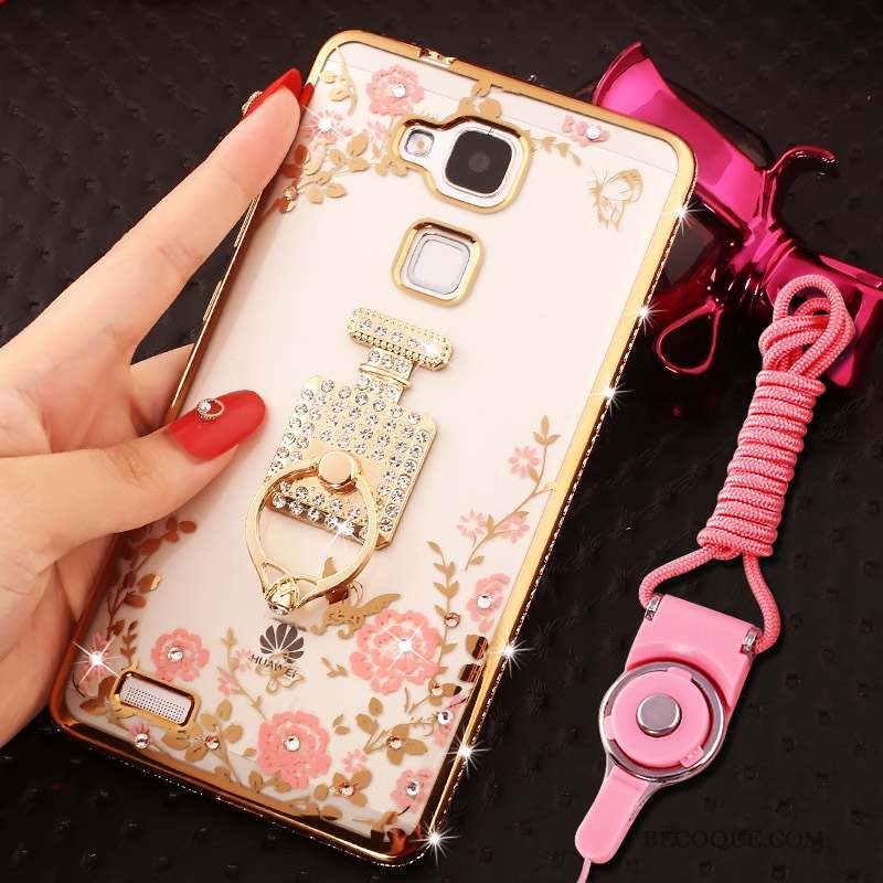 Huawei Ascend Mate 7 Coque Anneau Rose Strass Silicone Tout Compris Ornements Suspendus