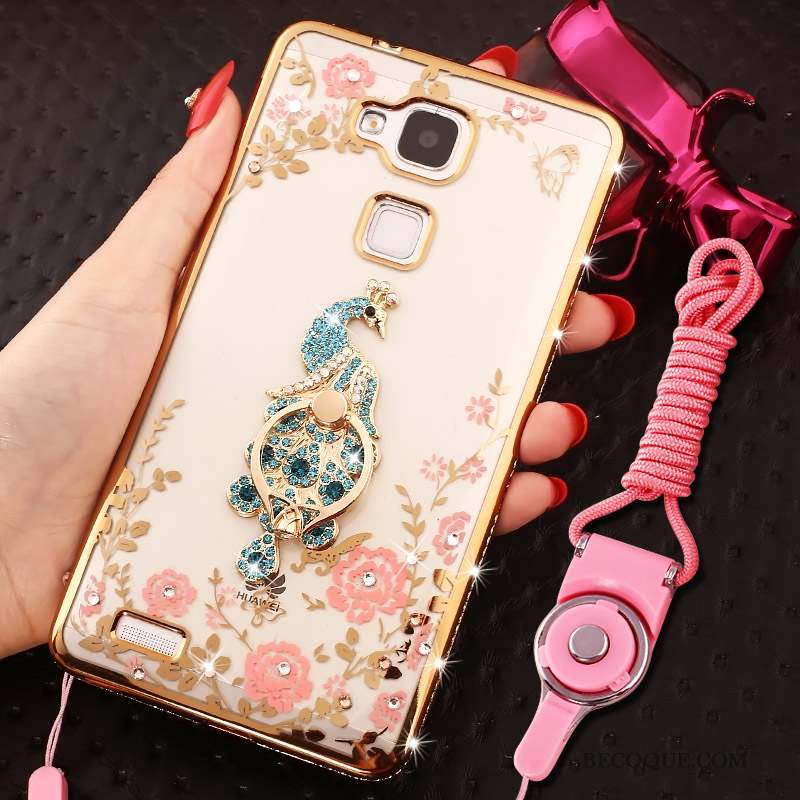 Huawei Ascend Mate 7 Coque Anneau Rose Strass Silicone Tout Compris Ornements Suspendus