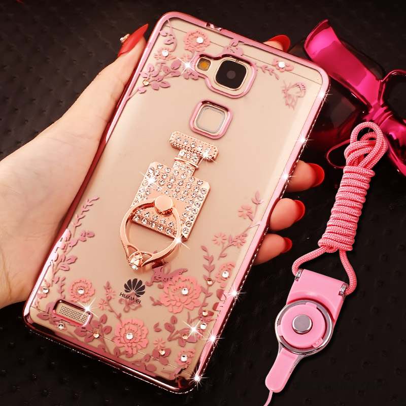 Huawei Ascend Mate 7 Coque Anneau Rose Strass Silicone Tout Compris Ornements Suspendus