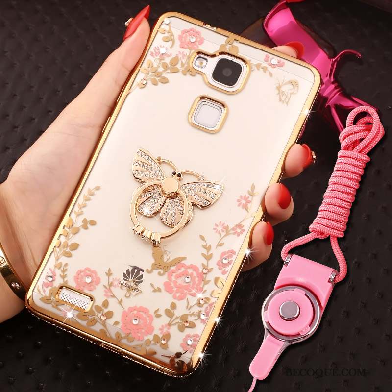 Huawei Ascend Mate 7 Coque Anneau Rose Strass Silicone Tout Compris Ornements Suspendus