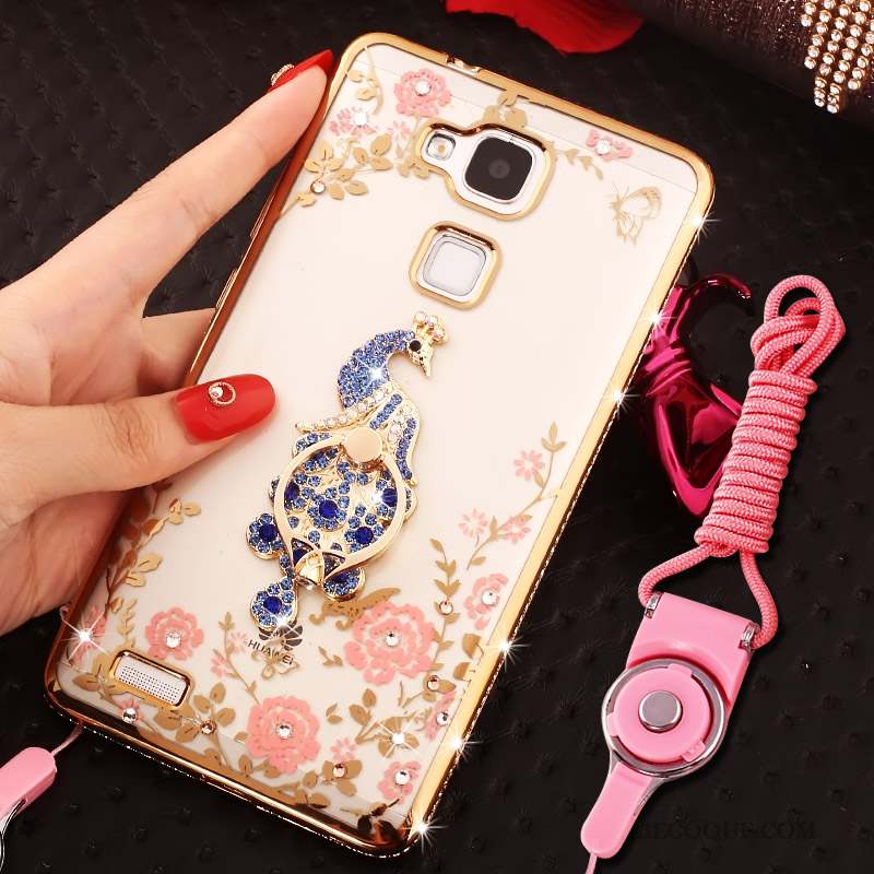 Huawei Ascend Mate 7 Coque Anneau Rose Strass Silicone Tout Compris Ornements Suspendus