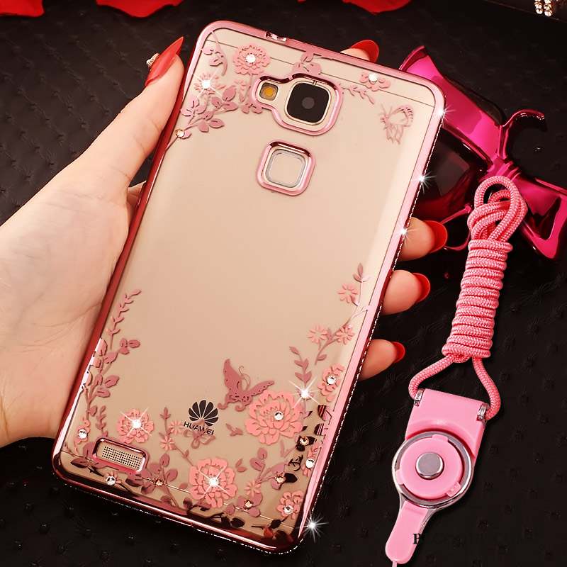 Huawei Ascend Mate 7 Coque Anneau Rose Strass Silicone Tout Compris Ornements Suspendus