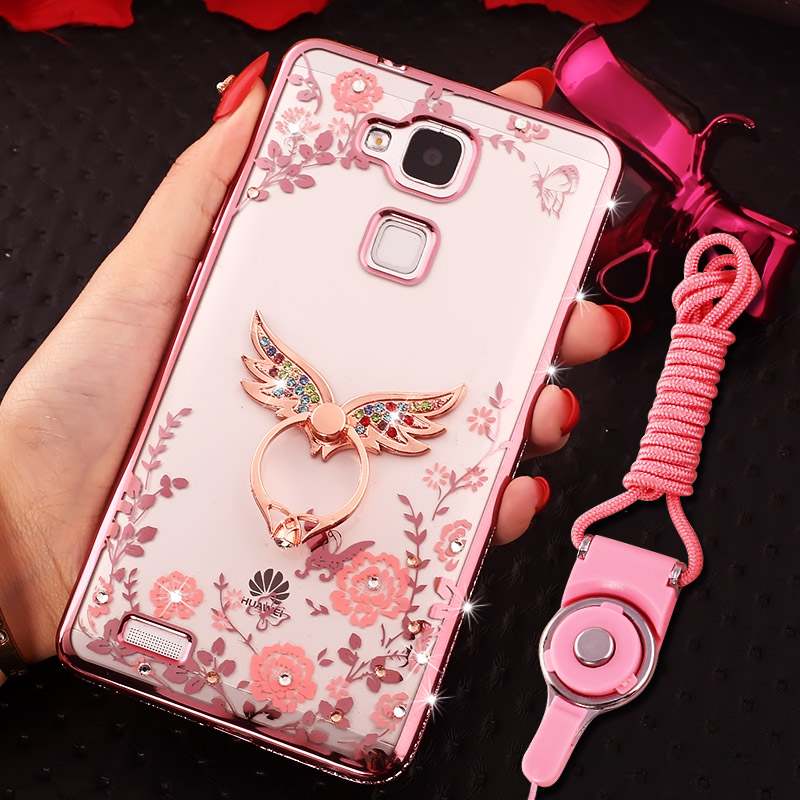 Huawei Ascend Mate 7 Coque Anneau Rose Strass Silicone Tout Compris Ornements Suspendus