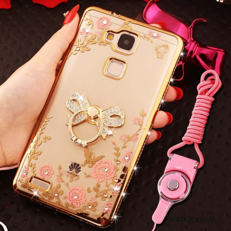 Huawei Ascend Mate 7 Coque Anneau Rose Strass Silicone Tout Compris Ornements Suspendus