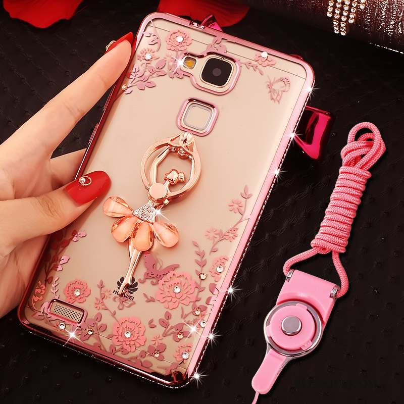 Huawei Ascend Mate 7 Coque Anneau Rose Strass Silicone Tout Compris Ornements Suspendus