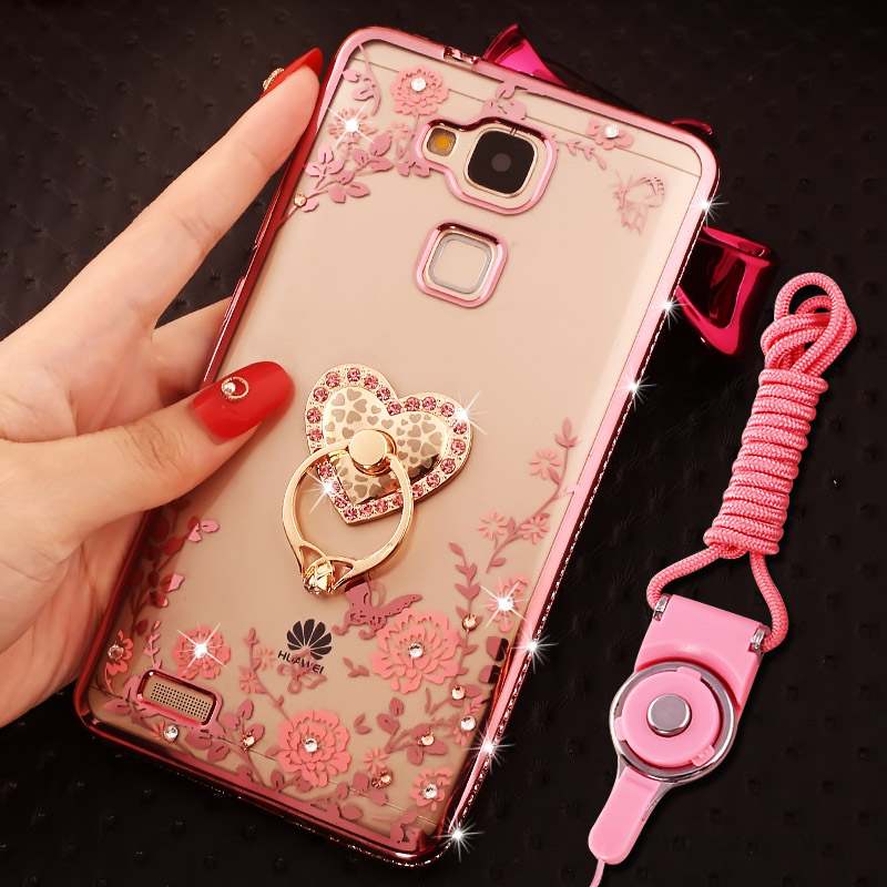 Huawei Ascend Mate 7 Coque Anneau Rose Strass Silicone Tout Compris Ornements Suspendus