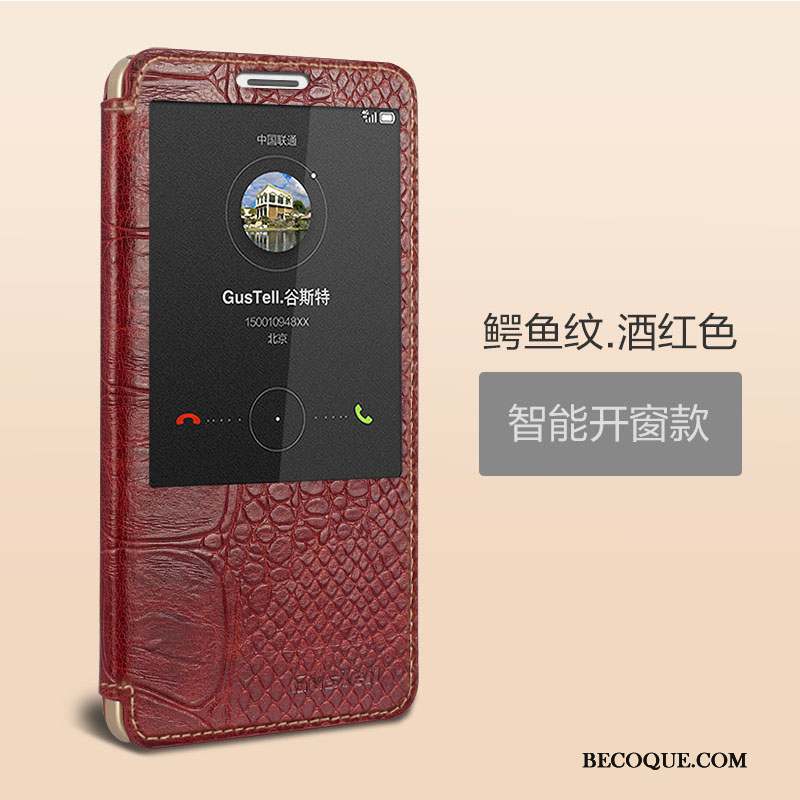 Huawei Ascend Mate 7 Protection Coque Étui Dormance Vin Rouge Cuir Véritable