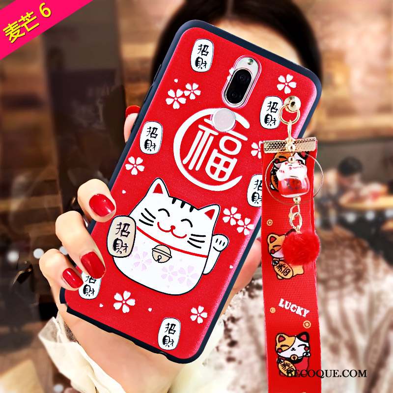 Huawei Mate 10 Lite Rouge Gaufrage Richesse Chat Coque De Téléphone Fluide Doux