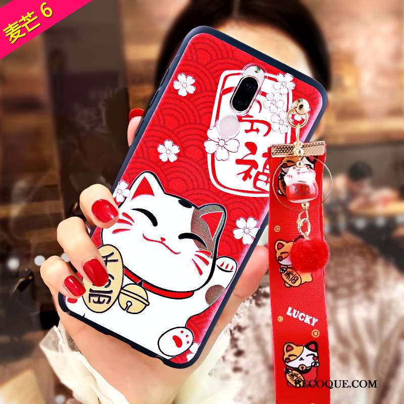 Huawei Mate 10 Lite Rouge Gaufrage Richesse Chat Coque De Téléphone Fluide Doux