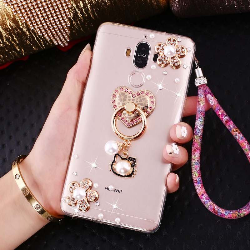 Huawei Mate 10 Pro Coque Fluide Doux Incassable Silicone Strass Rose Ornements Suspendus