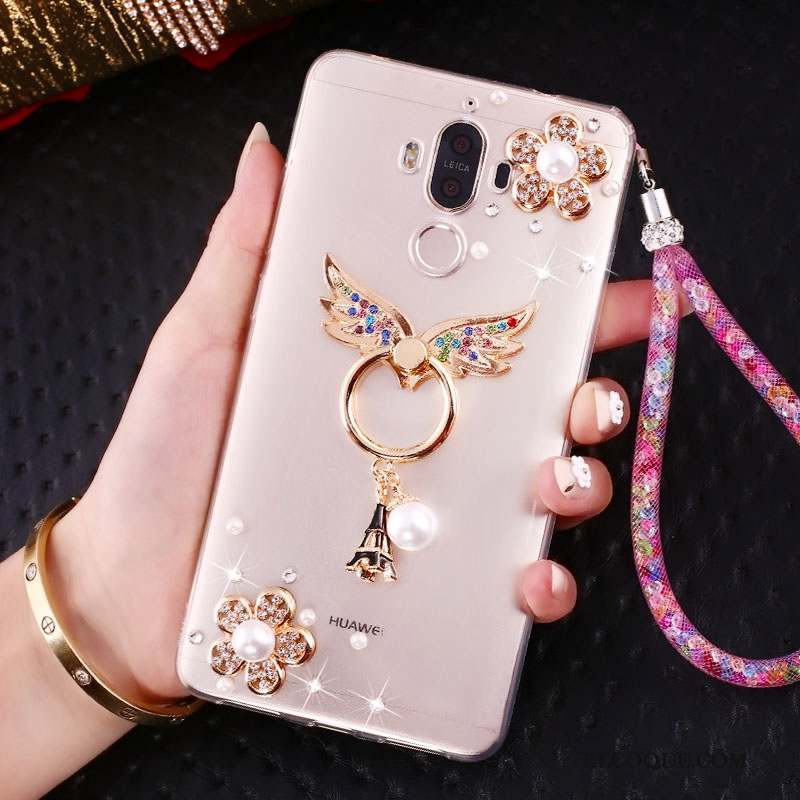 Huawei Mate 10 Pro Coque Fluide Doux Incassable Silicone Strass Rose Ornements Suspendus