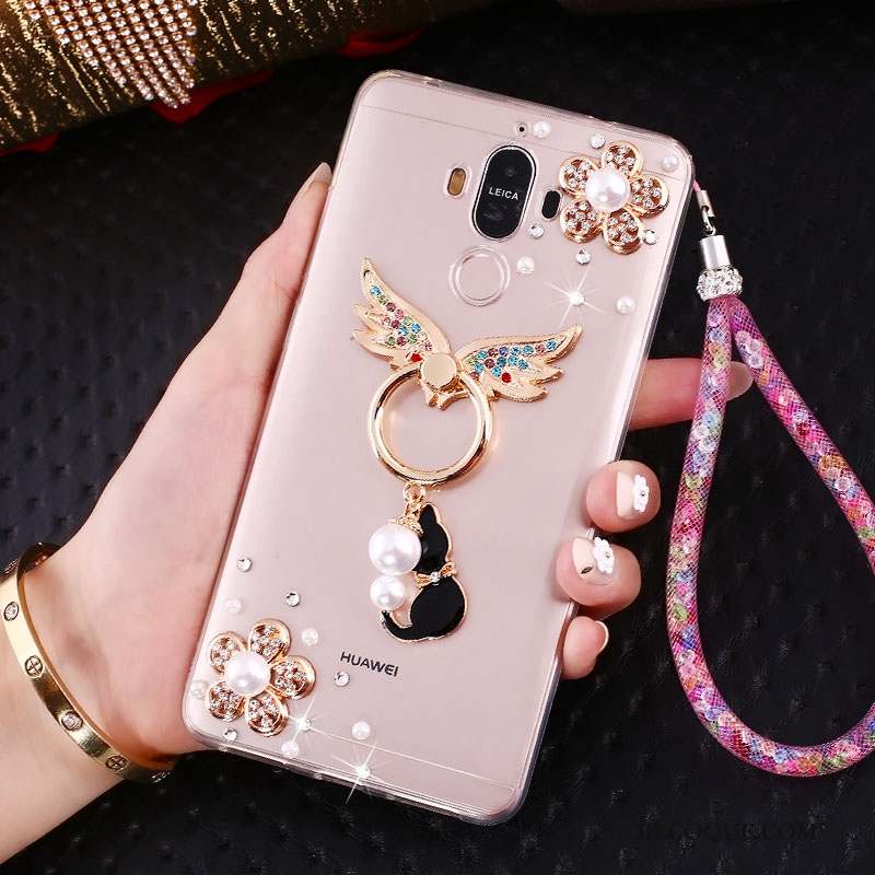 Huawei Mate 10 Pro Coque Fluide Doux Incassable Silicone Strass Rose Ornements Suspendus