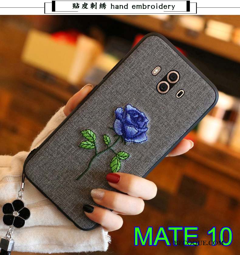 Huawei Mate 10 Protection Broderie Coque Couvercle Arrière Fluide Doux Bleu