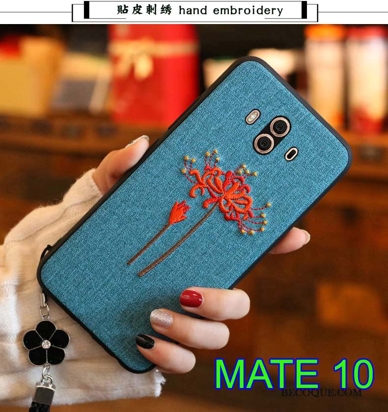 Huawei Mate 10 Protection Broderie Coque Couvercle Arrière Fluide Doux Bleu