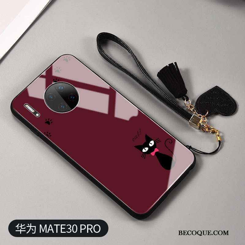 Huawei Mate 30 Coque Mode Étui Protection Chat Fluide Doux Vin Rouge
