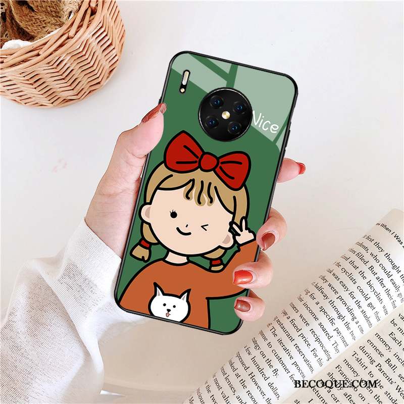 Huawei Mate 30 Coque Verre Protection Net Rouge Cœur Difficile Dessin Animé