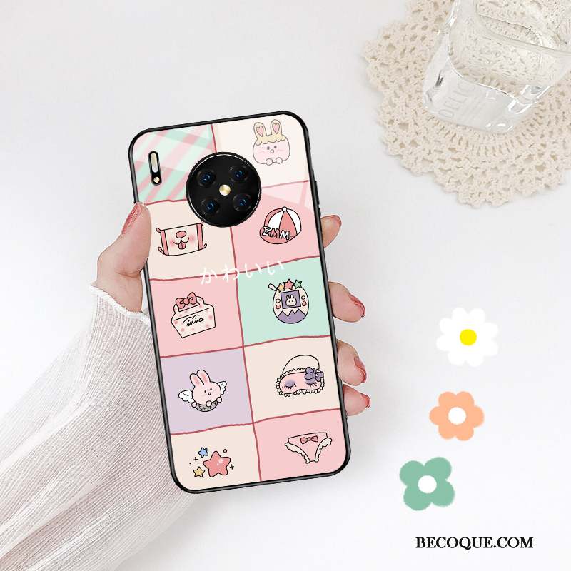 Huawei Mate 30 Coque Verre Protection Net Rouge Cœur Difficile Dessin Animé