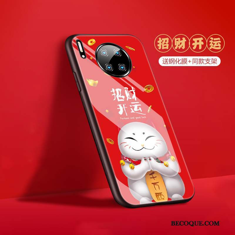Huawei Mate 30 Coque Étui Rouge Style Chinois Luxe Protection Chat