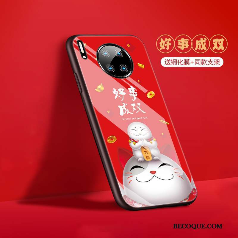 Huawei Mate 30 Coque Étui Rouge Style Chinois Luxe Protection Chat