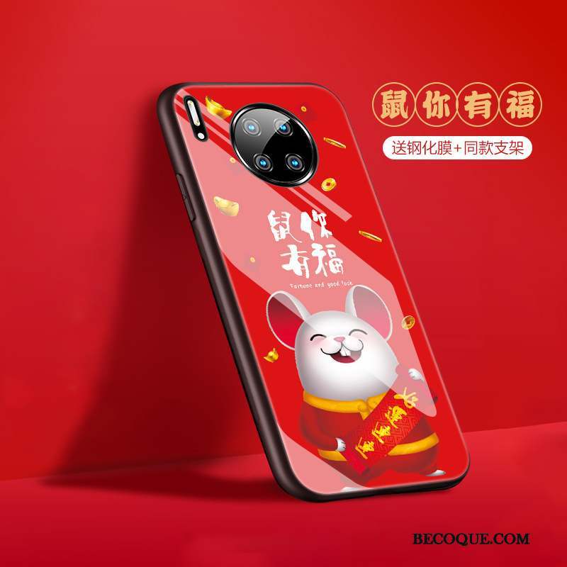 Huawei Mate 30 Coque Étui Rouge Style Chinois Luxe Protection Chat