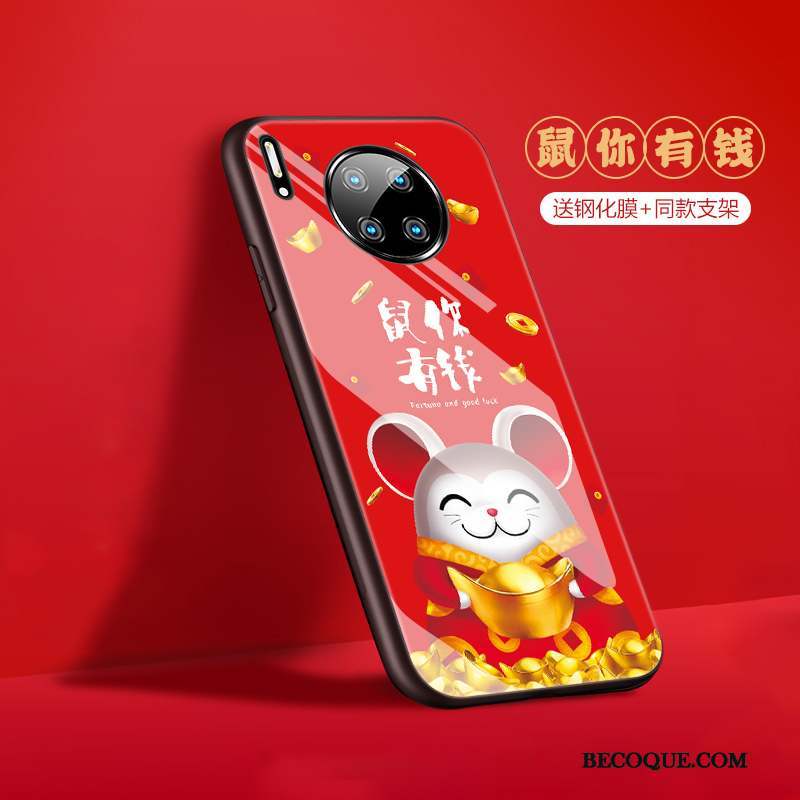 Huawei Mate 30 Coque Étui Rouge Style Chinois Luxe Protection Chat