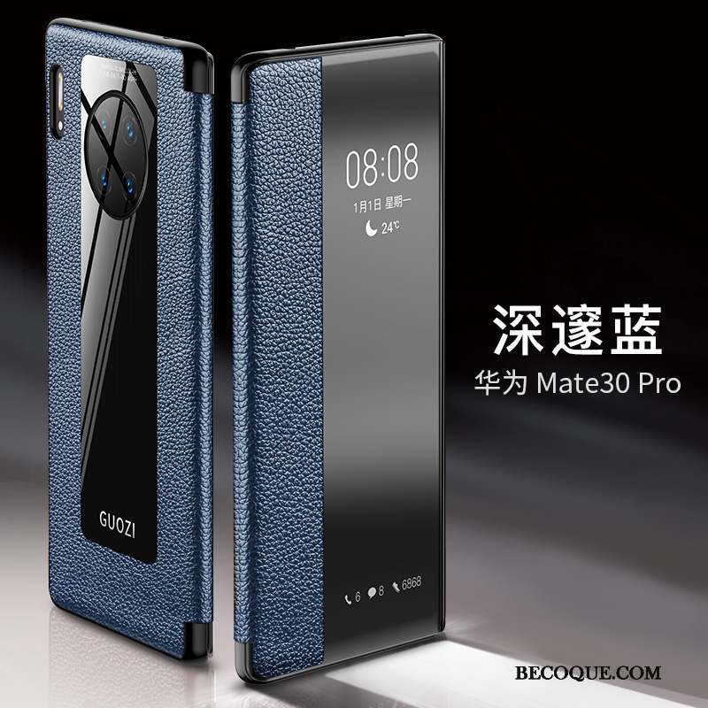 Huawei Mate 30 Pro Coque Étui En Cuir Bleu Clamshell Très Mince Incassable Cuir Véritable