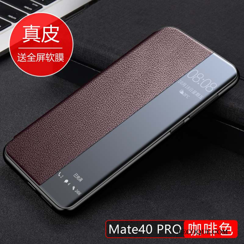 Huawei Mate 40 Pro Coque Cuir Véritable Marron Étui En Cuir Mince Incassable Tout Compris