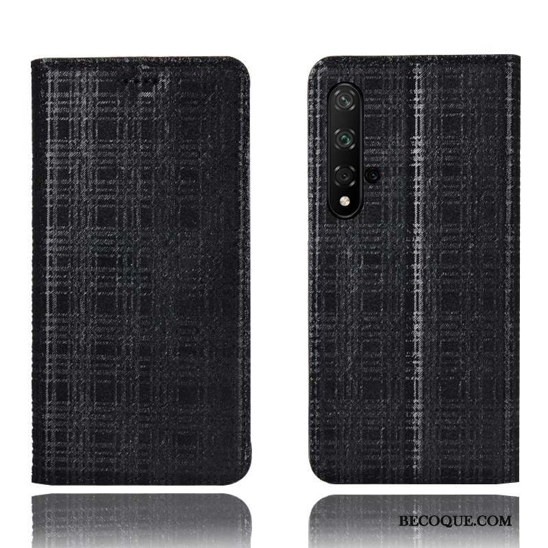 Huawei Nova 5t Incassable Plaid Cuir Véritable Coque De Téléphone Protection Rouge