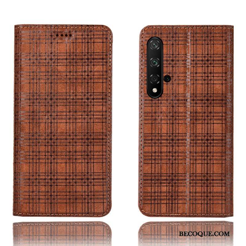 Huawei Nova 5t Incassable Plaid Cuir Véritable Coque De Téléphone Protection Rouge