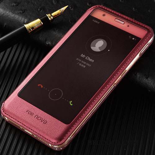 Huawei Nova Coque Étui Étui En Cuir Incassable Rose Clamshell Protection