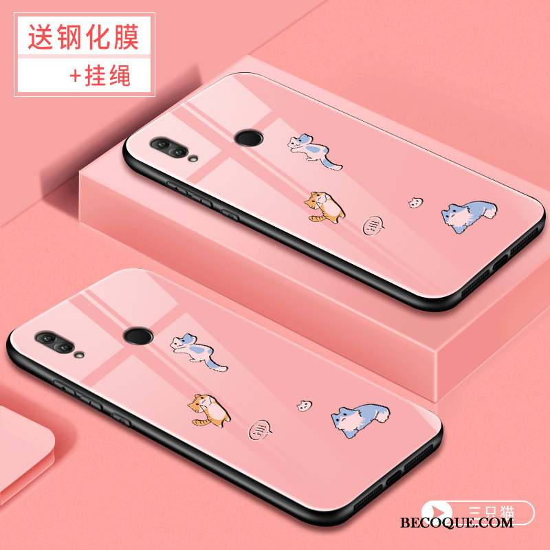 Huawei P Smart 2019 Coque Tendance Protection Net Rouge Verre Dessin Animé Rose