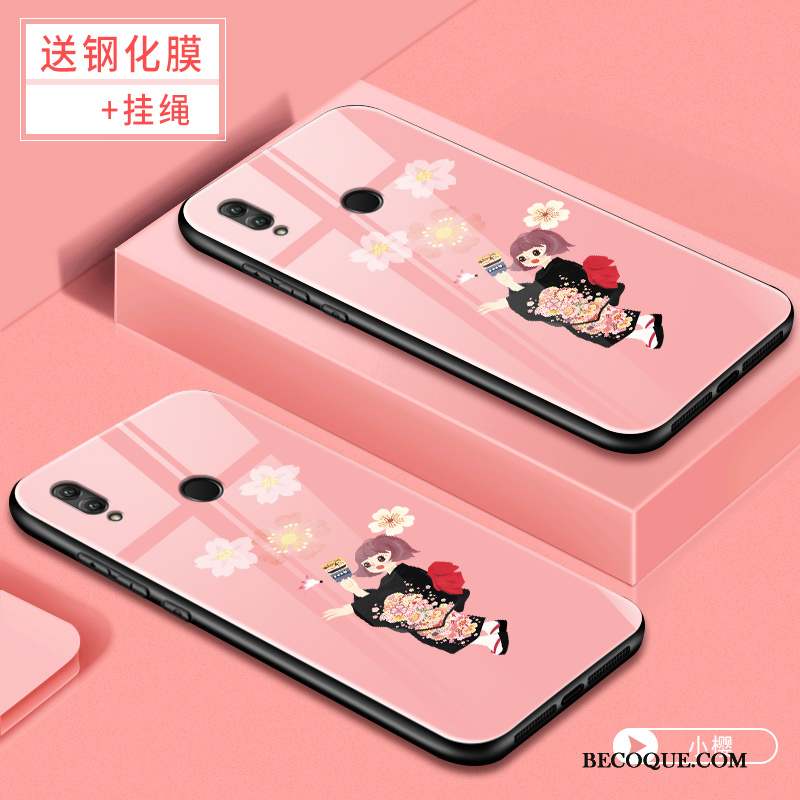 Huawei P Smart 2019 Coque Tendance Protection Net Rouge Verre Dessin Animé Rose