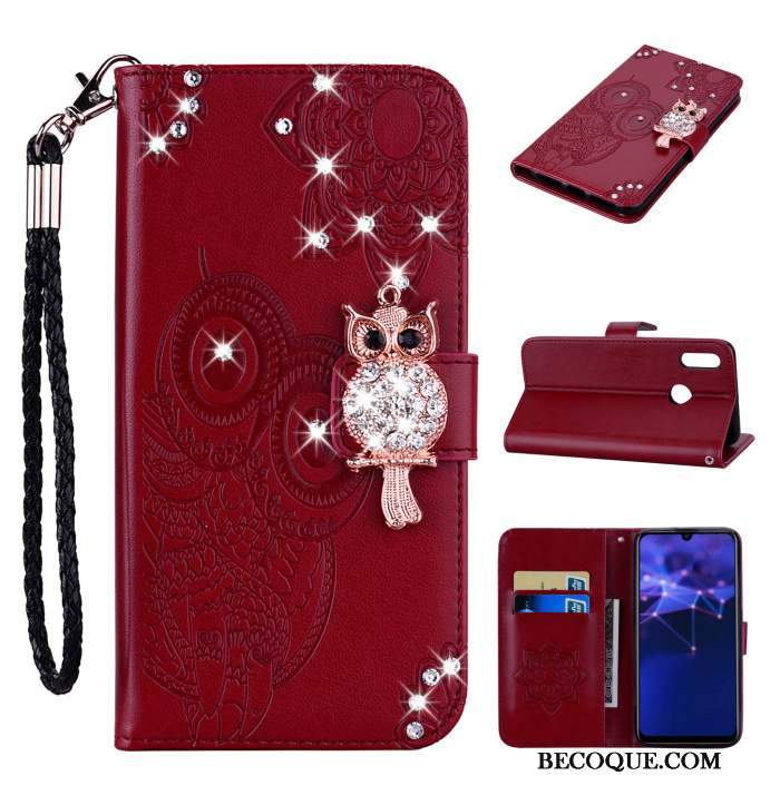 Huawei P Smart 2019 Étui En Cuir Ornements Suspendus Chat Rouge Coque De Téléphone Strass