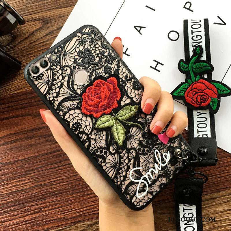 Huawei P Smart Coque Incassable Noir Fleur Étui Ornements Suspendus Personnalité