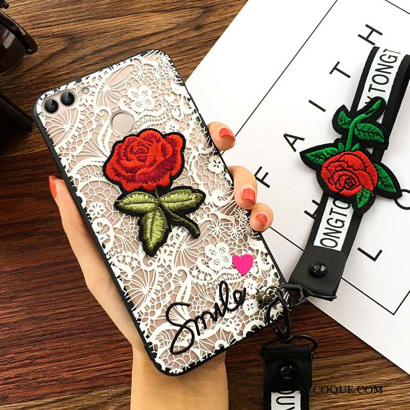 Huawei P Smart Coque Incassable Noir Fleur Étui Ornements Suspendus Personnalité