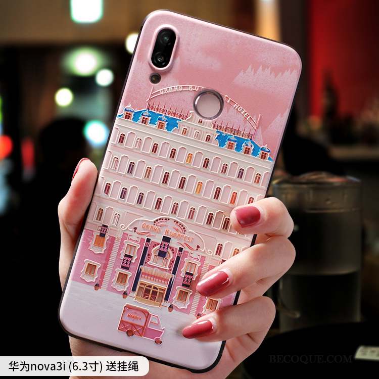 Huawei P Smart+ Coque Personnalité Rose Fluide Doux Incassable Très Mince Dessin Animé