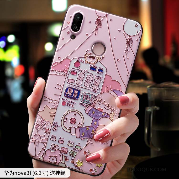 Huawei P Smart+ Coque Personnalité Rose Fluide Doux Incassable Très Mince Dessin Animé