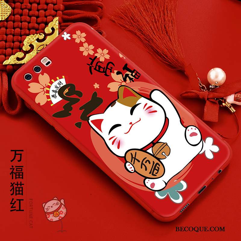 Huawei P10 Coque Richesse Protection Rouge Chat Silicone Fluide Doux