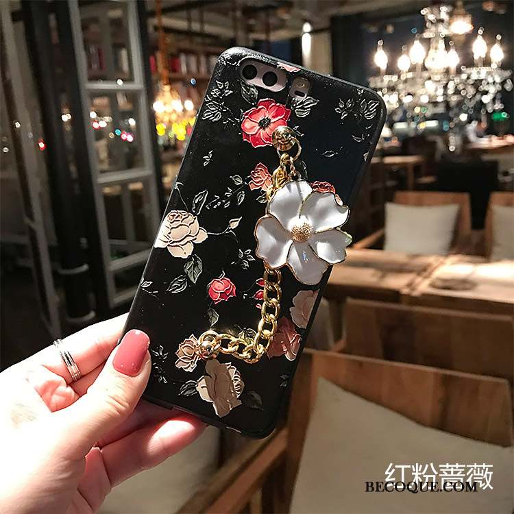 Huawei P10 Coque Silicone Noir Fleur Délavé En Daim Fluide Doux Tout Compris