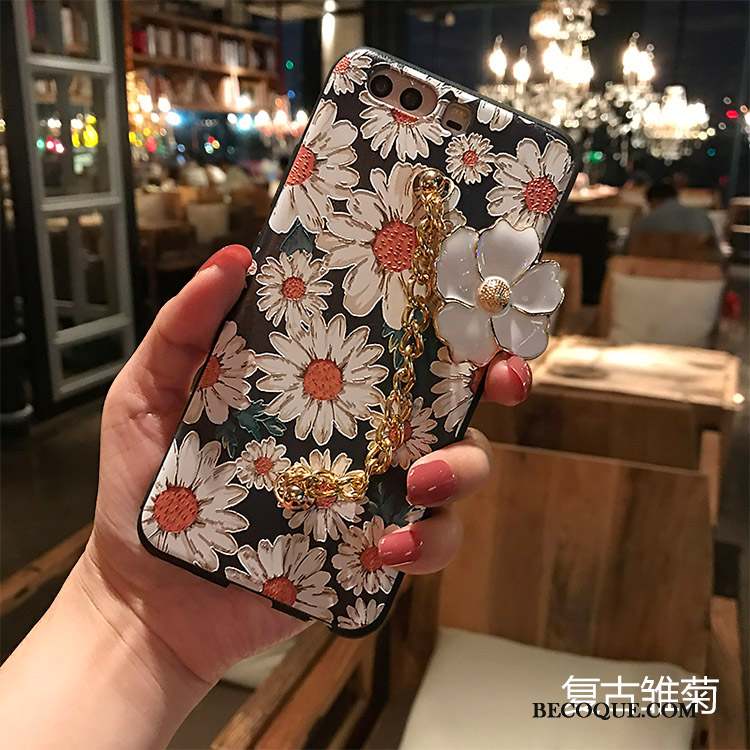 Huawei P10 Coque Silicone Noir Fleur Délavé En Daim Fluide Doux Tout Compris