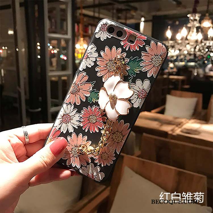 Huawei P10 Coque Silicone Noir Fleur Délavé En Daim Fluide Doux Tout Compris