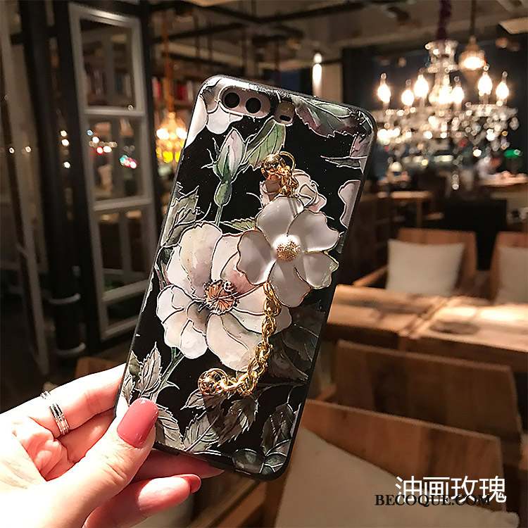 Huawei P10 Coque Silicone Noir Fleur Délavé En Daim Fluide Doux Tout Compris