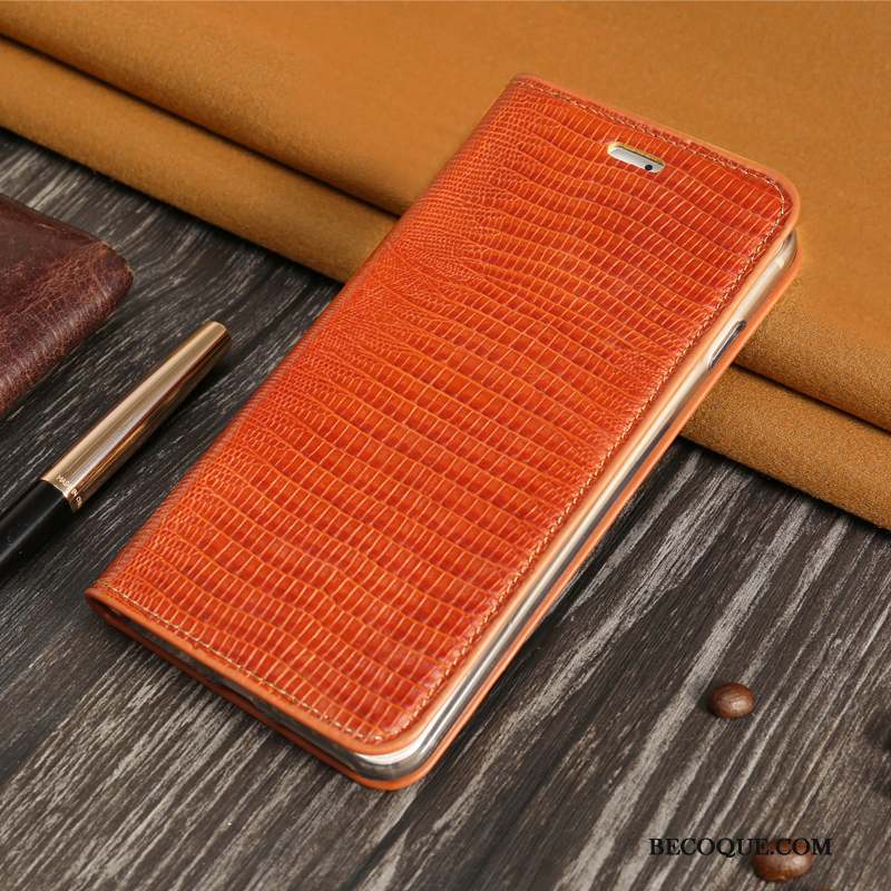 Huawei P10 Lite Modèle Fleurie Cuir Véritable Carte Coque De Téléphone Protection Orange