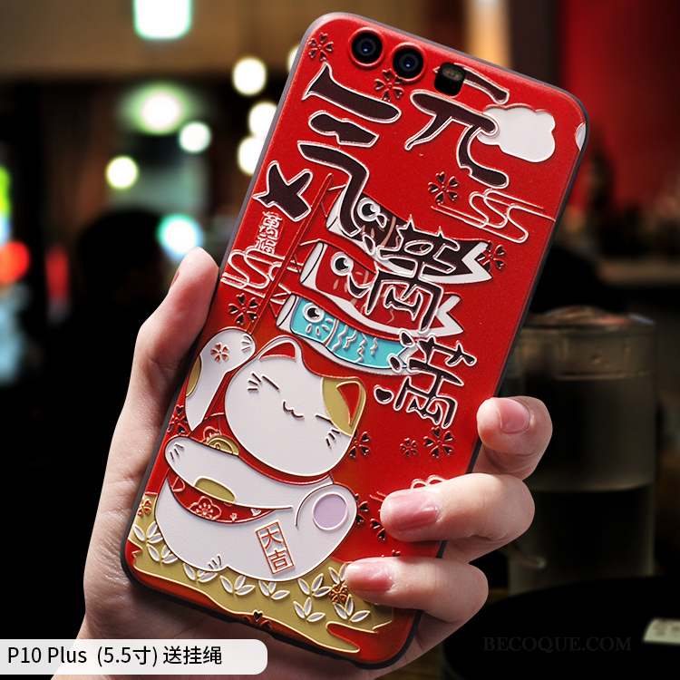 Huawei P10 Plus Coque Tout Compris Tendance Rouge Chat Créatif Silicone
