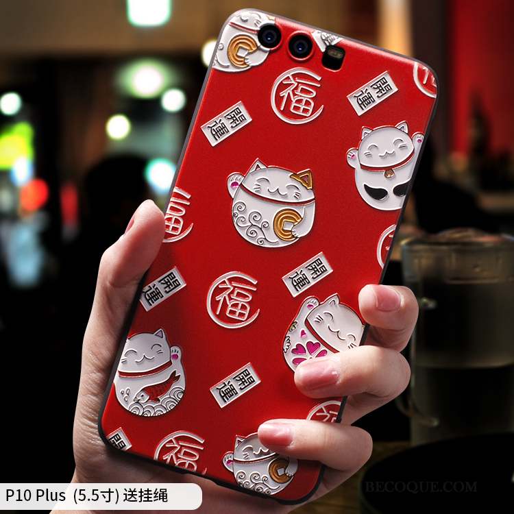 Huawei P10 Plus Coque Tout Compris Tendance Rouge Chat Créatif Silicone