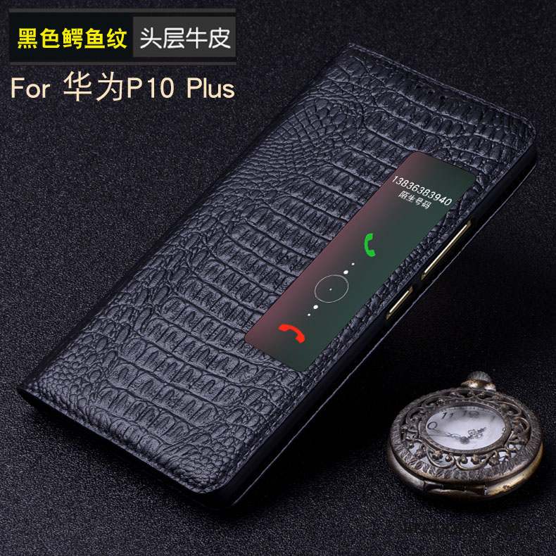 Huawei P10 Plus Coque Étui Dormance Noir Protection Cuir Véritable Téléphone Portable