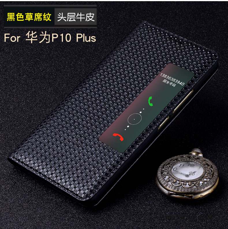 Huawei P10 Plus Coque Étui Dormance Noir Protection Cuir Véritable Téléphone Portable